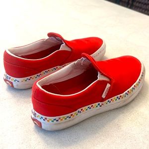 Vans Rainbow Checkered Sidewall Red - White Canvas Slip on Shoes Kids